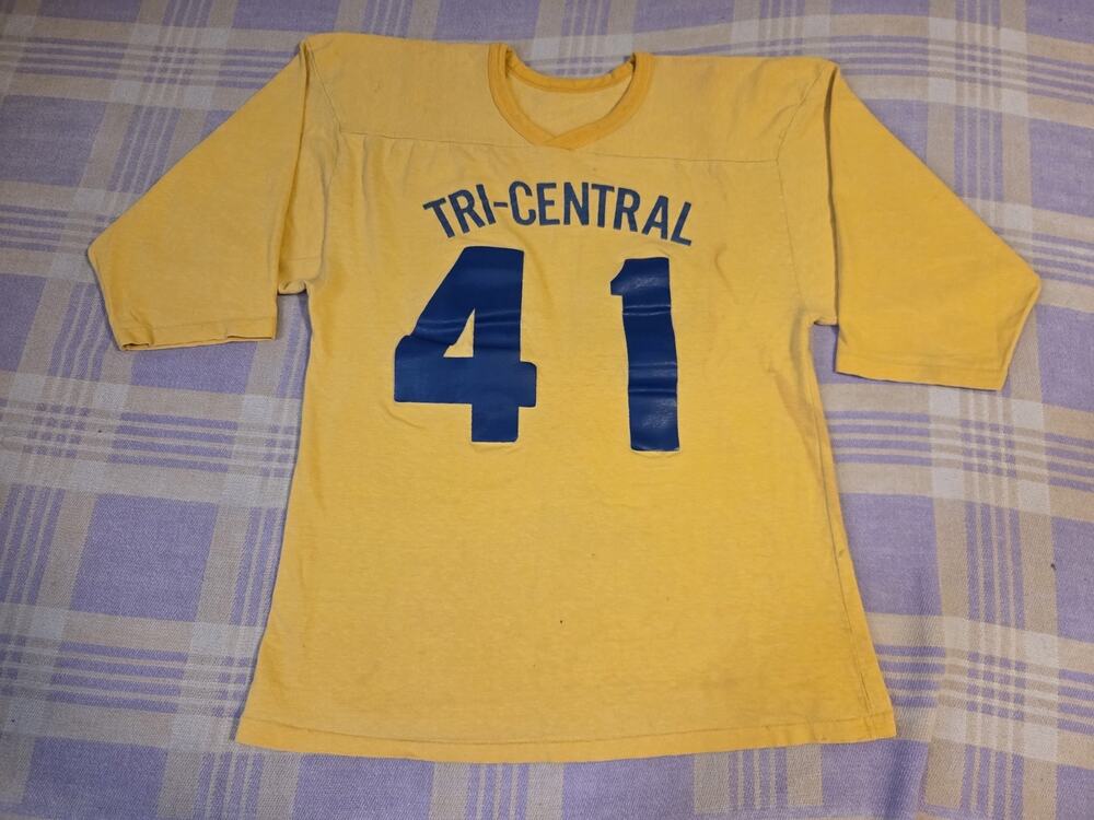 Vtg 70s Football Cotton Jersey Tri Central 41 Yellow Blue Number Unique Style